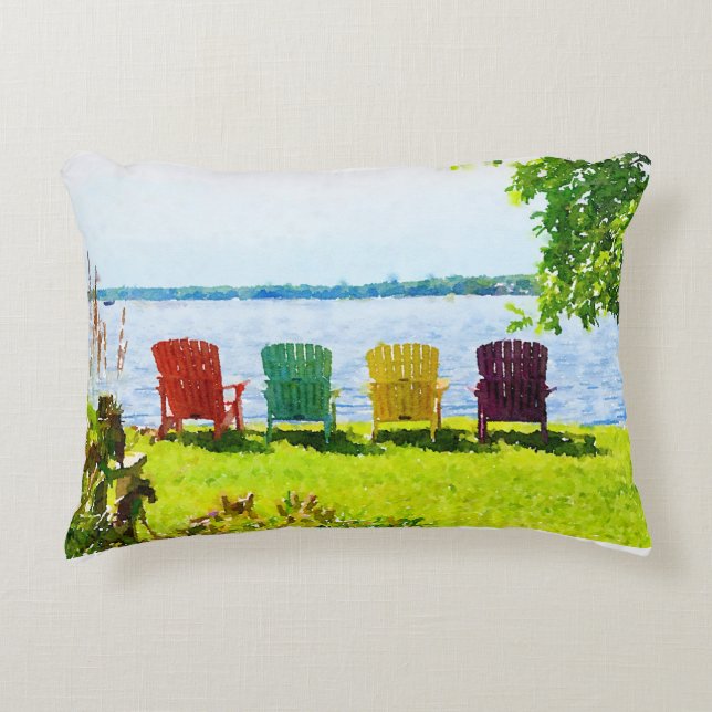 Colourful Lakeside Adirondack Chairs Accent Pillow (Front)