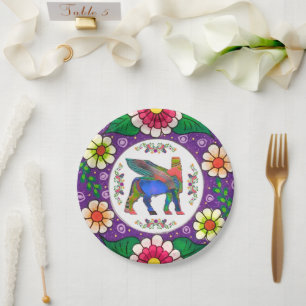 Colourful Lamassu Flowers Paper Plate