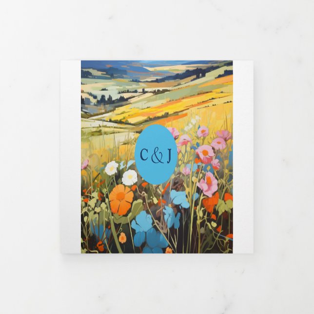 Colourful Landscape Fun and Romantic Wedding Tri-Fold Invitation (Cover)