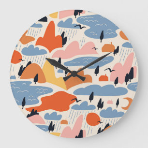 Colourful landscape, mountains, lakes, seamless. large clock