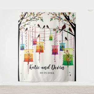 Colourful Lanterns Cherry Tree Birds Tapestry