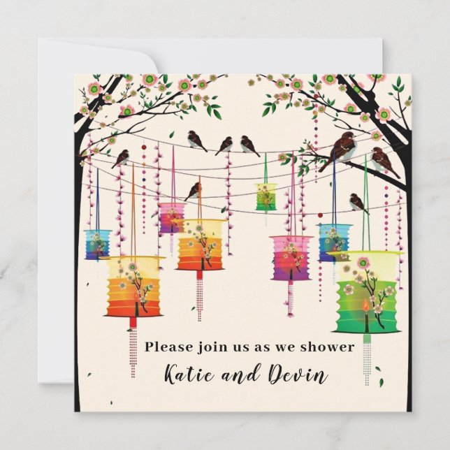 Colourful Lanterns Cherry Tree Birds Wedding Showe Invitation (Front)