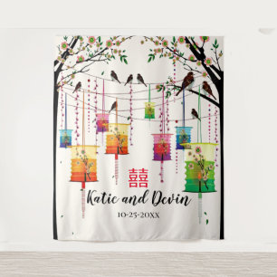 Colourful Lanterns Tree Birds Chinese Wedding Tapestry