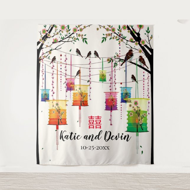 Colourful Lanterns Tree Birds Chinese Wedding Tapestry (Front)