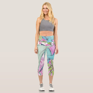 Colourful large tropical leaves watercolor capri leggings