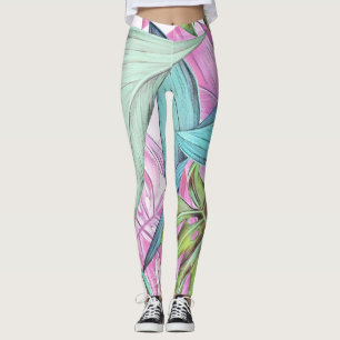 Colourful large tropical leaves watercolor leggings