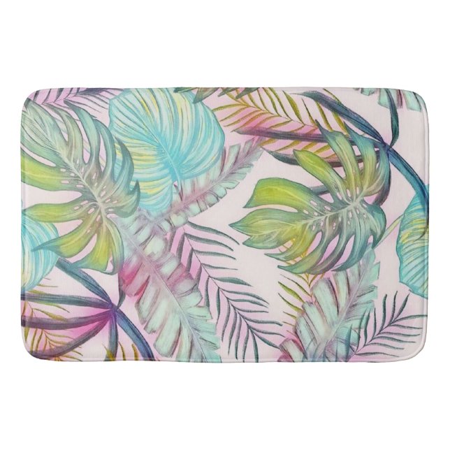 Colourful large tropical leaves watercolor paintin bath mat (Front)