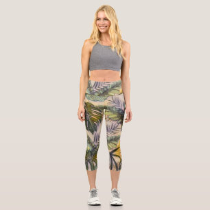 Colourful large tropical leaves watercolor paintin capri leggings