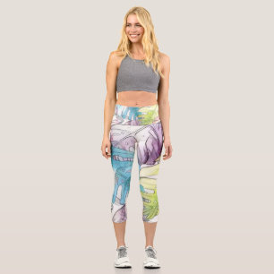 Colourful large tropical leaves watercolor paintin capri leggings