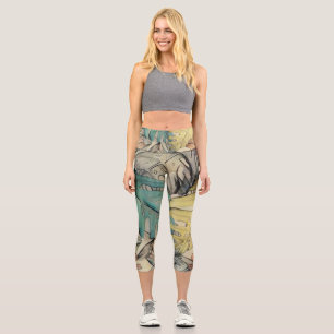 Colourful large tropical leaves watercolor paintin capri leggings