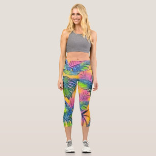 Colourful large tropical leaves watercolor paintin capri leggings