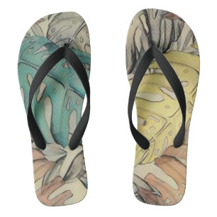 Colourful large tropical leaves watercolor paintin jandals