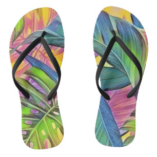 Colourful large tropical leaves watercolor paintin jandals