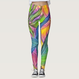 Colourful large tropical leaves watercolor paintin leggings