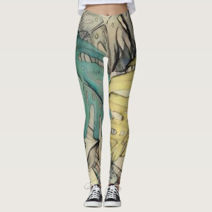 Colourful large tropical leaves watercolor paintin leggings
