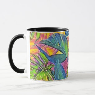 Colourful large tropical leaves watercolor paintin mug