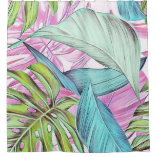 Colourful large tropical leaves watercolor paintin shower curtain