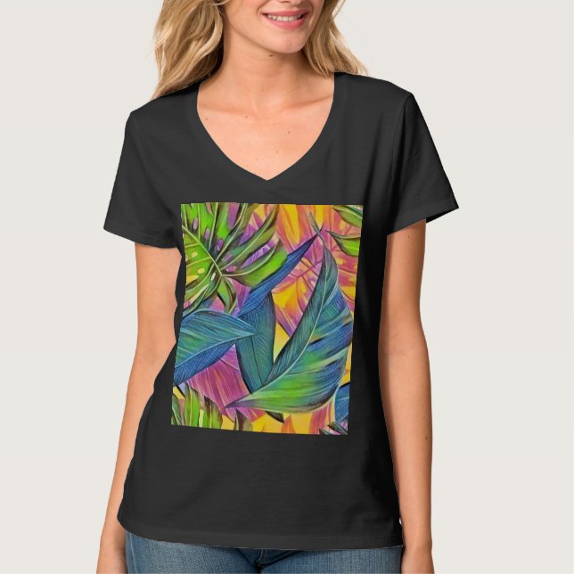 Colourful large tropical leaves watercolor paintin T-Shirt (Front)