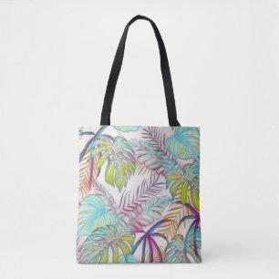 Colourful large tropical leaves watercolor paintin tote bag
