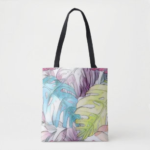 Colourful large tropical leaves watercolor paintin tote bag