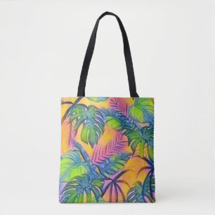 Colourful large tropical leaves watercolor paintin tote bag