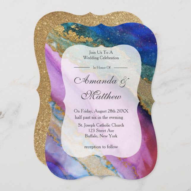 Colourful Lavender Gold Agate Wedding Invitations  (Front/Back)
