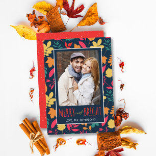 Colourful Leaf Pattern Merry & Bright Holiday Card