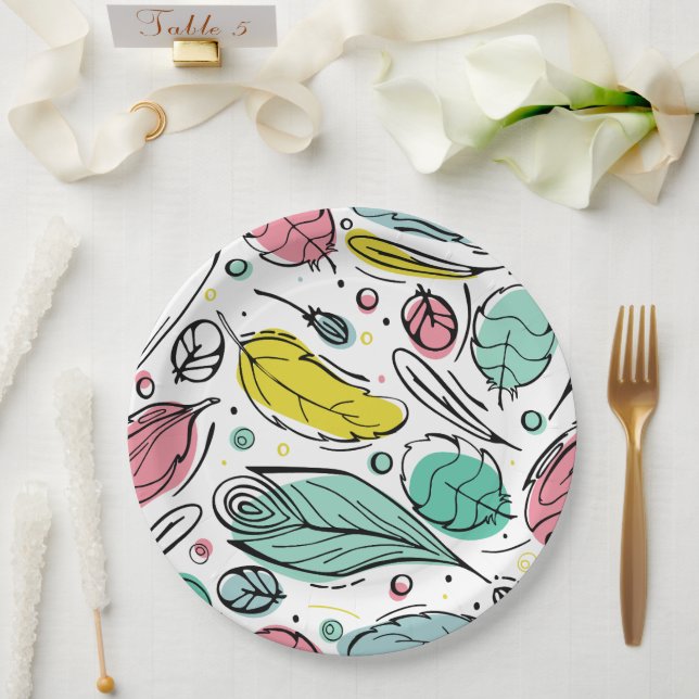 Colourful leaf pattern Pink and blue l Birthday Paper Plate (Wedding)