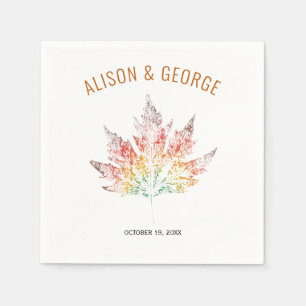 Colourful leaf print burnt orange autumn wedding napkin