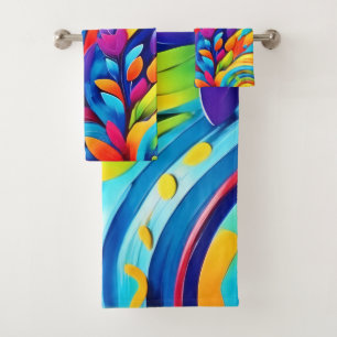 Colourful Leafe Shapes and Abstract Patterns Bath Towel Set