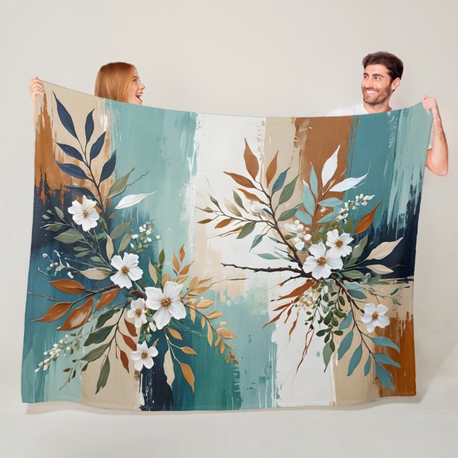 Colourful Leaves Floral Abstract Teal Blue Rust Ta Fleece Blanket (In Situ)