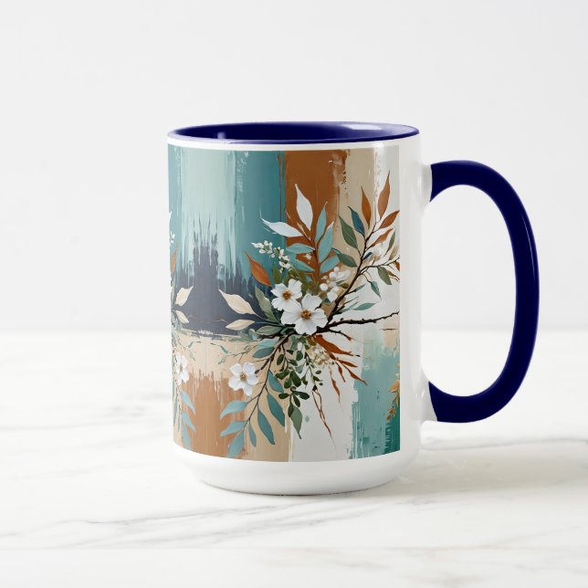 Colourful Leaves Floral Abstract Teal Blue Rust Ta Mug (Right)