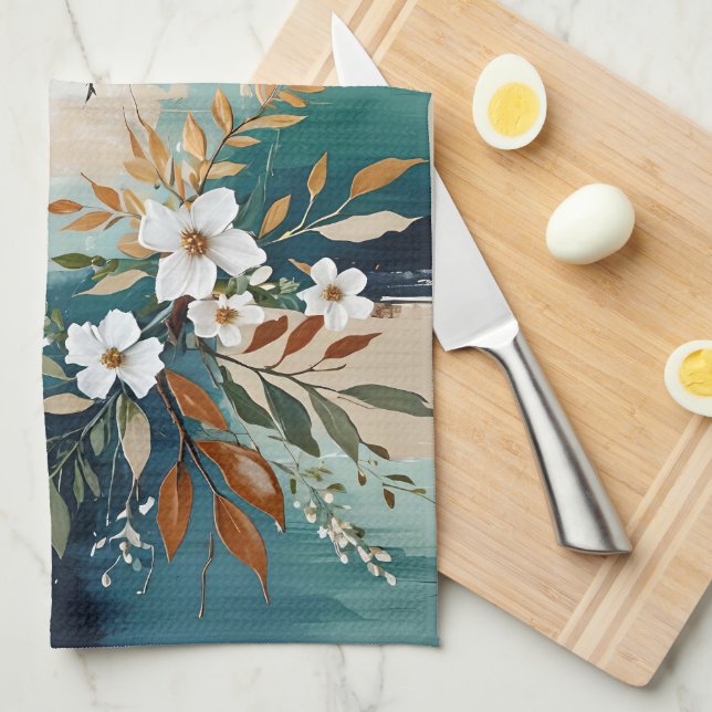 Colourful Leaves Floral Abstract Teal Blue Rust Ta Tea Towel (Quarter Fold)