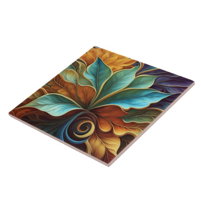 Colourful Leaves in Swirling Pattern Design Tile (Side)