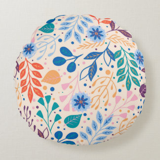Colourful Leaves Modern Foliage Pattern Round Cushion