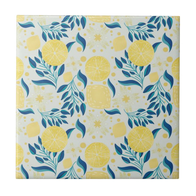 Colourful Lemon Grey Botanical Pattern Tile (Front)