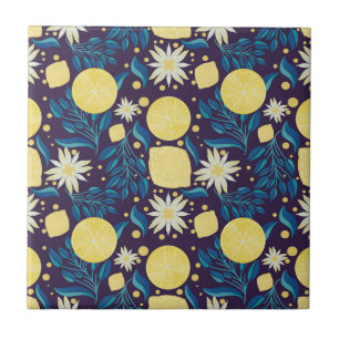Colourful Lemon Purple Botanical Pattern Tile