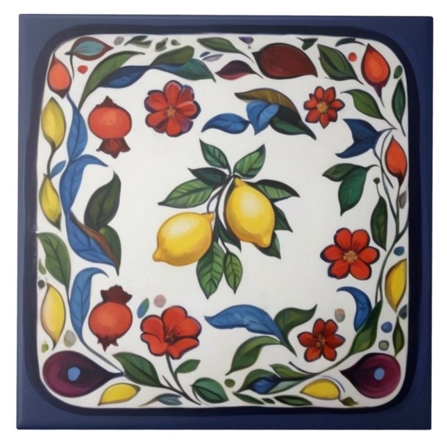 Colourful Lemons Traditional Folk Floral Tile (Front)