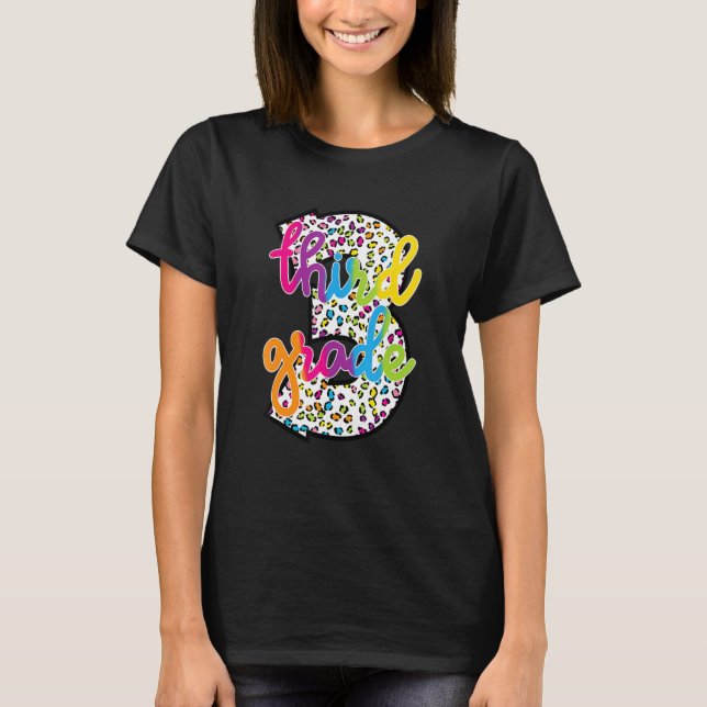 Colourful Leopard Number Third Grade Teacher Back  T-Shirt (Front)