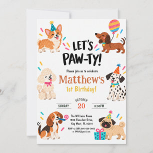 Colourful Let’s Paw-ty Hand Drawn Dog Birthday Invitation