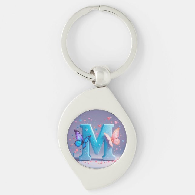 Colourful Letter M with Butterflies Key Ring (Front)