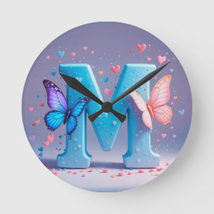 Colourful Letter M with Butterflies Round Clock