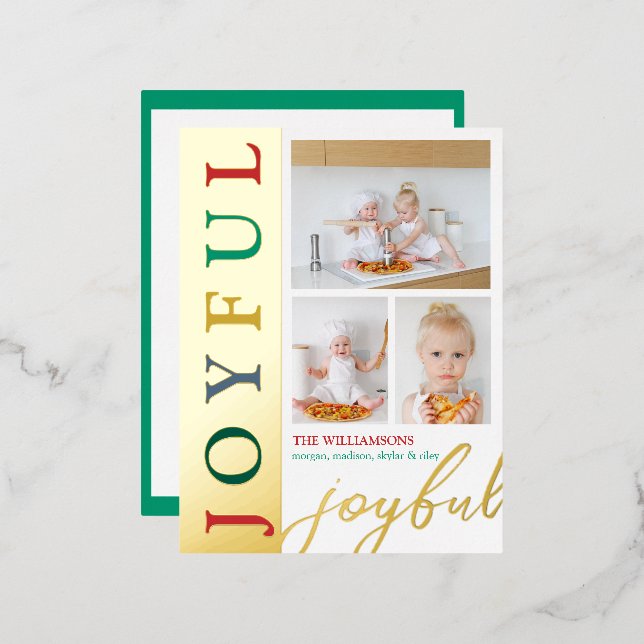 Colourful Letters 3 Photo Collage Joyful Chic Gold Foil Holiday Postcard (Front/Back)