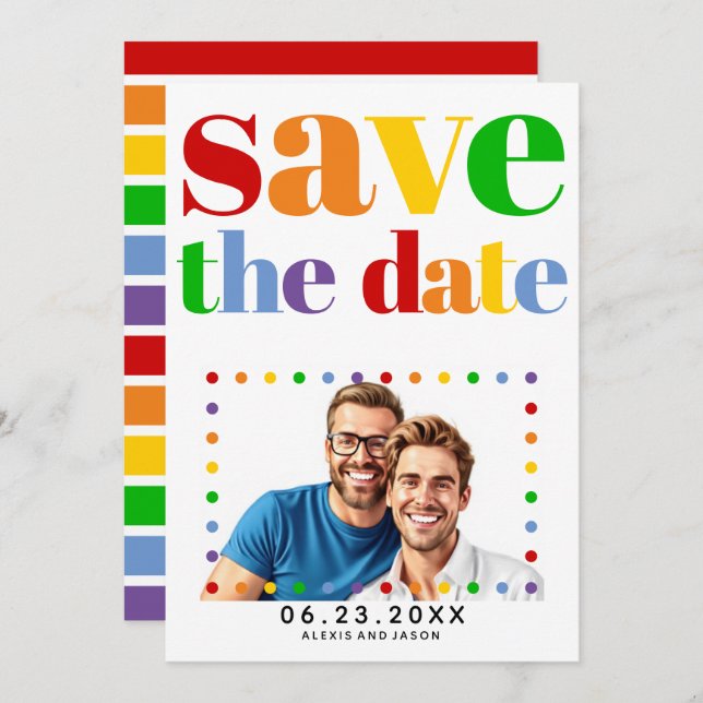 Colourful letters, dots and stripes gay photo save the date (Front/Back)