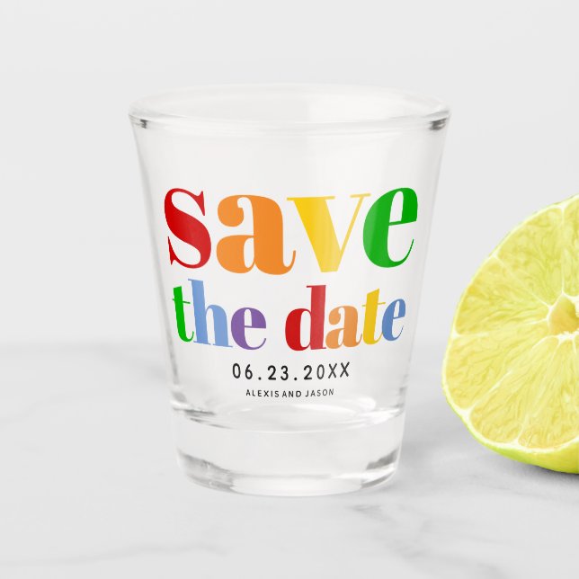 Colourful letters, dots and stripes gay photo shot glass (Front)