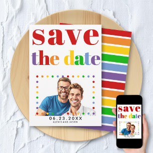 Colourful letters, dots and stripes red gay photo save the date