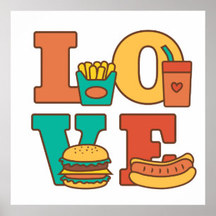 Colourful Letters Love Junk Food Burger Hot Dog Poster