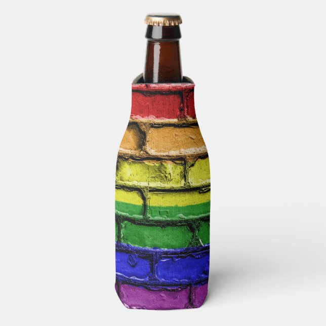 Colourful LGBT rainbow pride flag brick wall Bottle Cooler (Bottle Front)