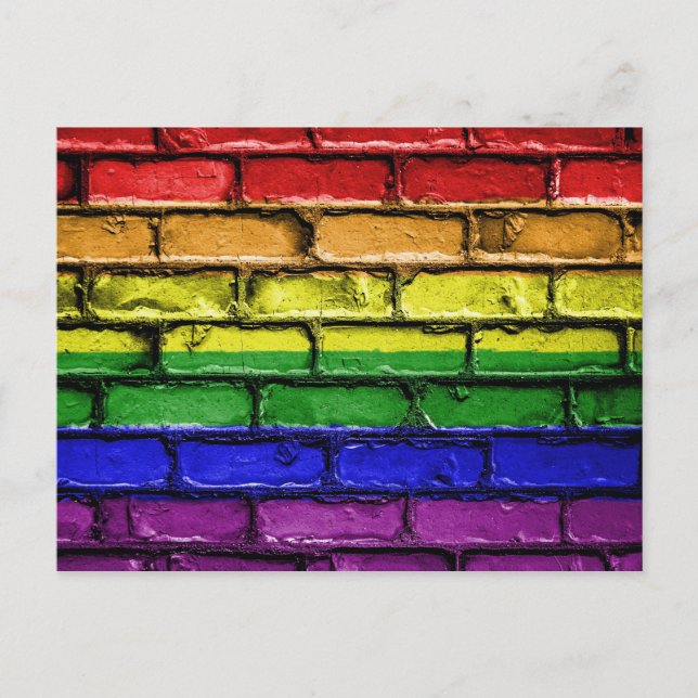Colourful LGBT rainbow pride flag brick wall Postcard (Front)