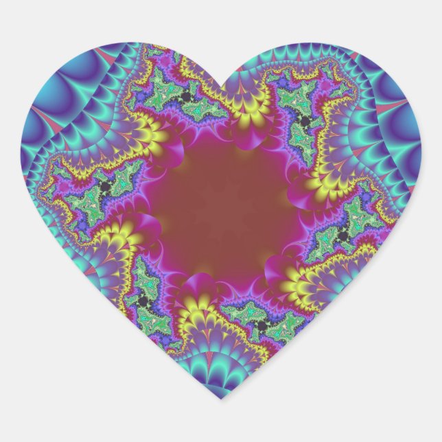 Colourful Light Blue, Pink and Burgundy Fractal Heart Sticker (Front)